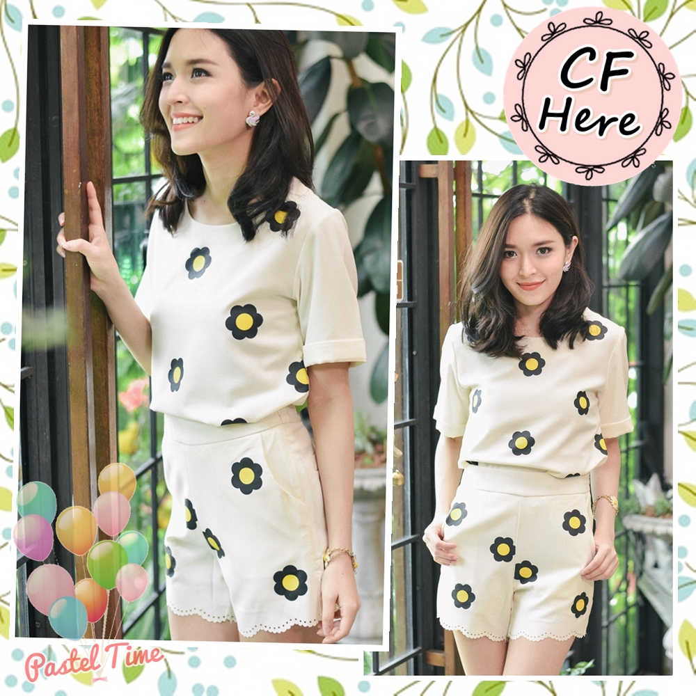 Flower on Cream Top + Pant Set : Size S