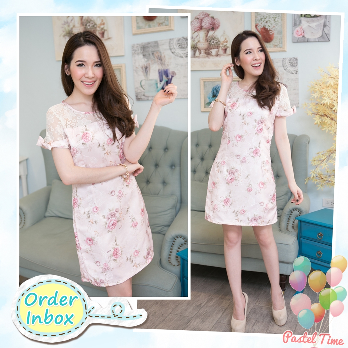 Vintage Flower Printed wt Lace Deco on Pink Dress : Size L