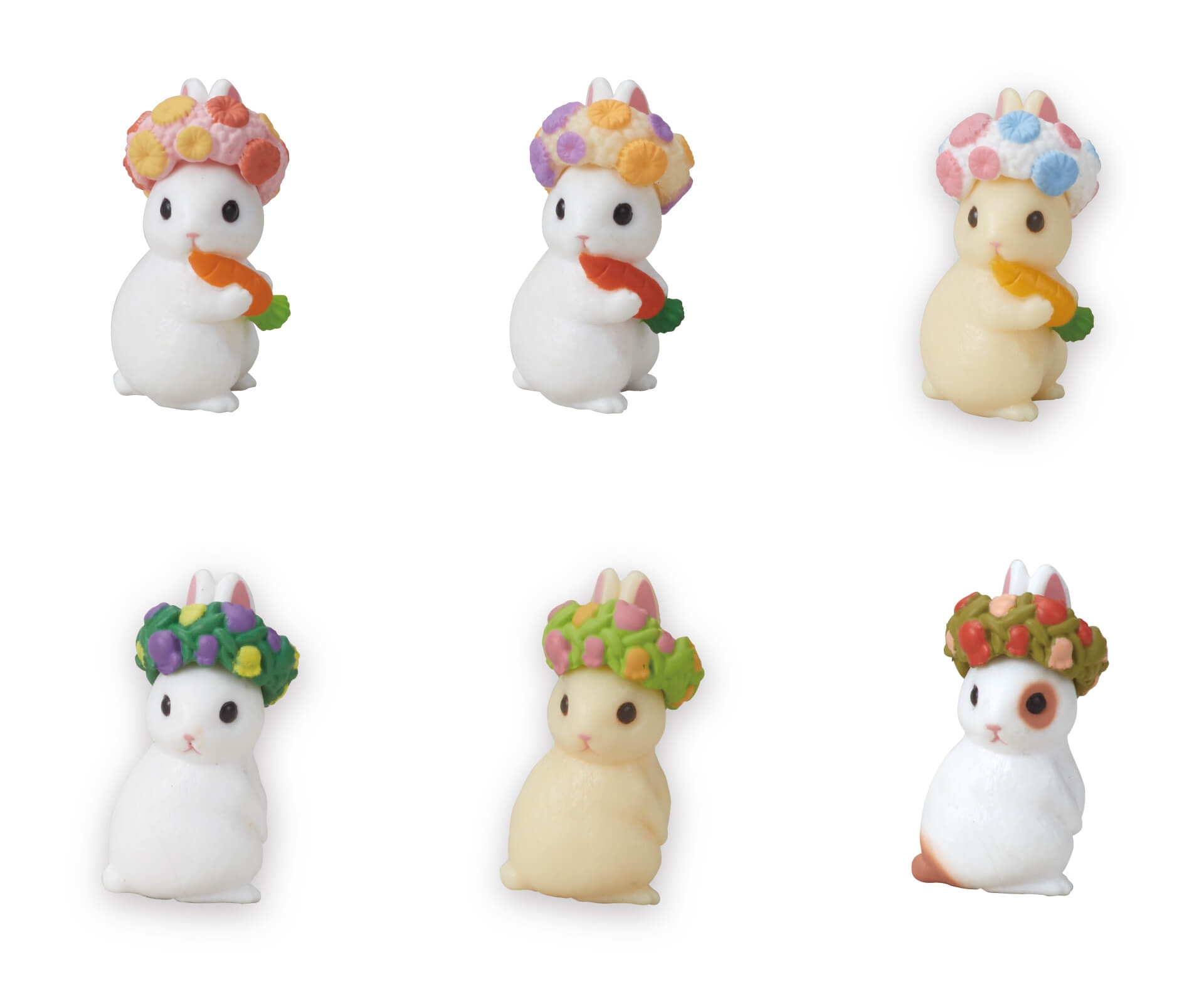 เซ็ตโมเดลกระต่ายน้อยมงกุฎดอกไม้ Usagi no Hana Kanmuri (Rabbit Flower Crown) มี 6 ตัวในเซ็ต สูงตัวละประมาณ 3 ซม.