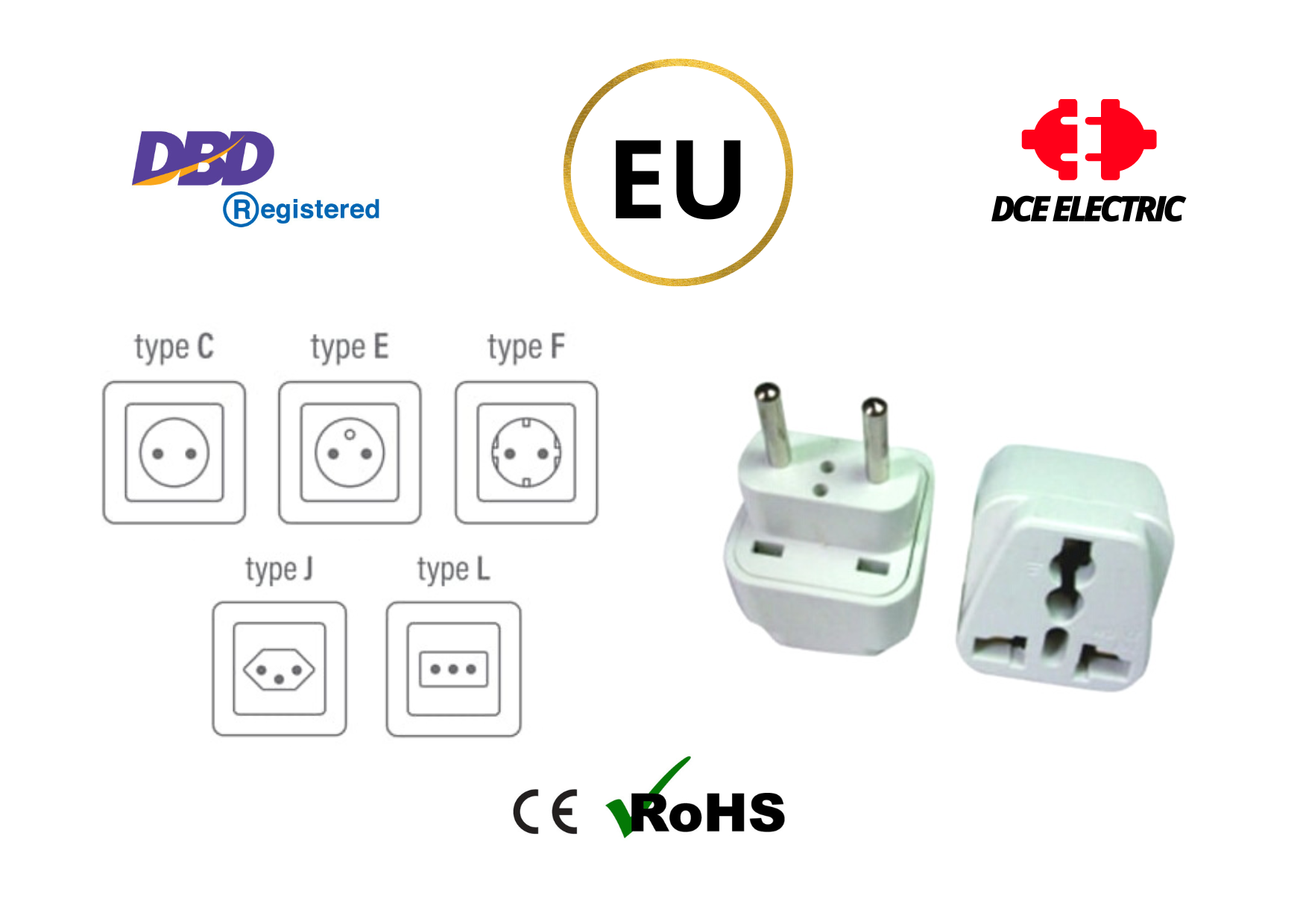 DCE high quality ปลั๊กแปลงยุโรป หัวแปลงปลั๊กไฟยุโรป Europe EU แบบหลุม มาตรฐาน CE และ RoHS (Type C, 4.0 mm)