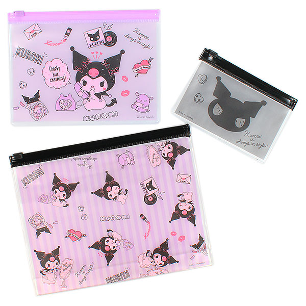 Kuromi Flat Pouch Set กระเป๋าแบบซองซิปมี 3 ขนาด เป็น PVC 20 x 16 ซม. / 16.5 x 12.5 ซม. / 12 x 8 ซม.