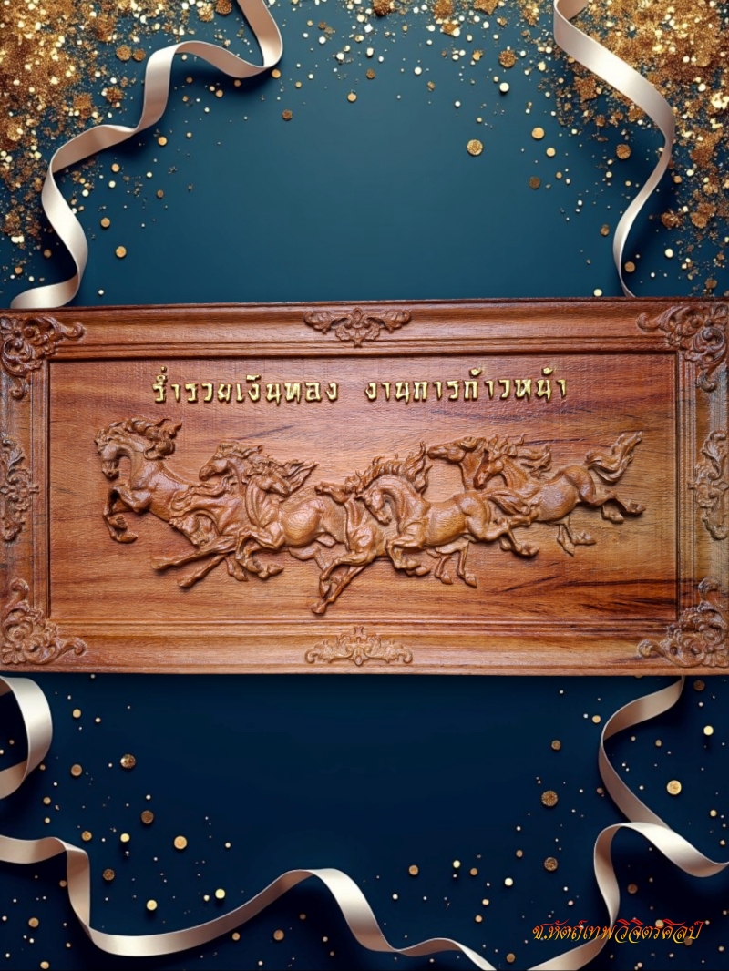 ไม้ประดู่แกะสลัก รุ่น NC-09 ม้า 8 เซียน ร่ำรวยเงินทอง การงานก้าวหน้า ขนาด 19x37.5 Cm.