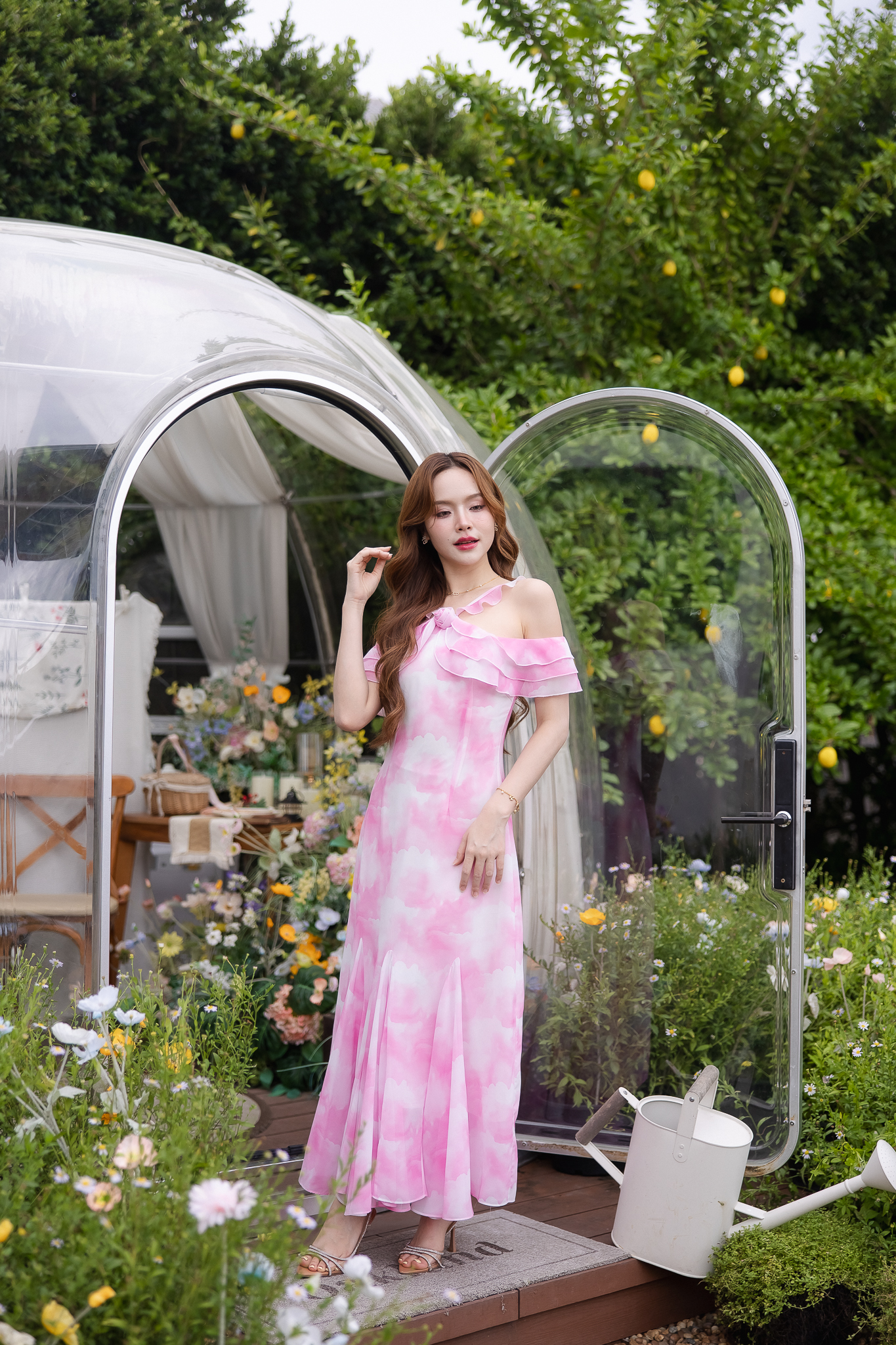 Pink Cloudy Off-Shoulder Maxi Dress ลายเมฆชมพู