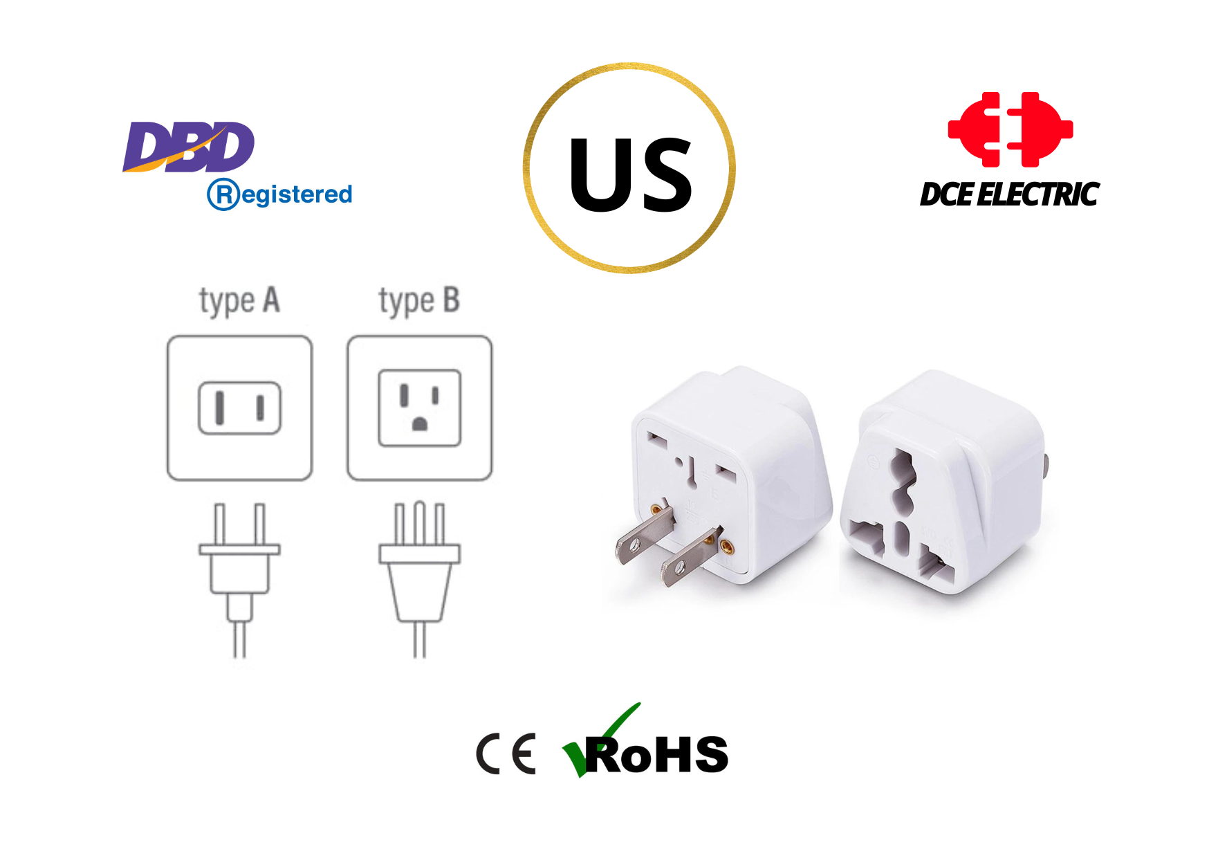 DCE high quality ปลั๊กแปลงอเมริกา หัวแปลงปลั๊กไฟมาตรฐาน CE/RoHS เพื่อใช้ในสหรัฐอเมริกา (Type A, B)