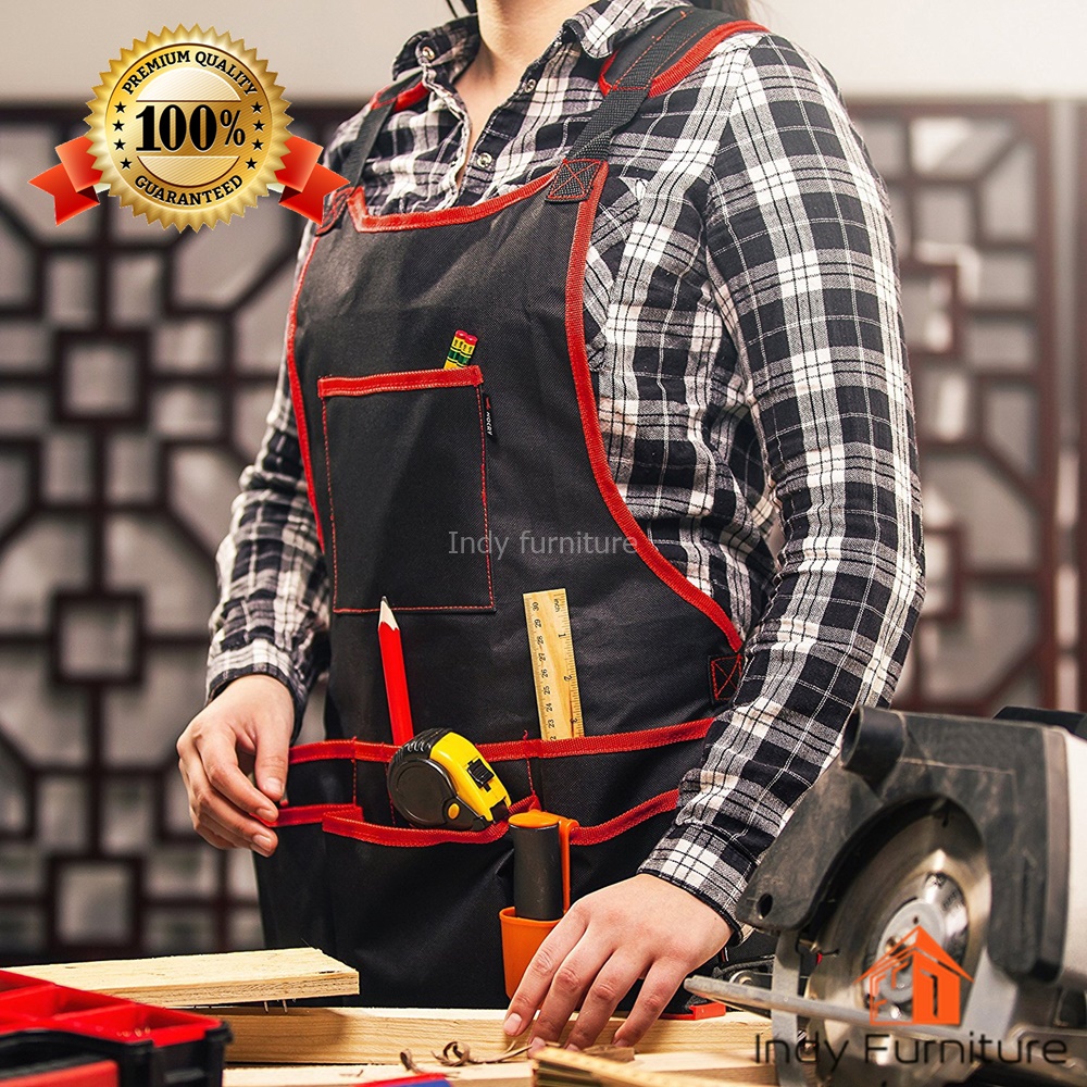 เอี๊ยมกันเปื้อนช่าง กระเป๋าเครื่องมือช่าง ผ้ากันเปื้อน เสื้อช่างใส่เครื่องมือ สีดำ/แดง