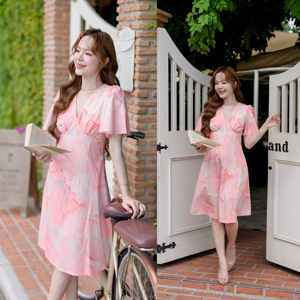Sassy Midi Dress : Sunset Blushed Marble สีส้มพาสเทล