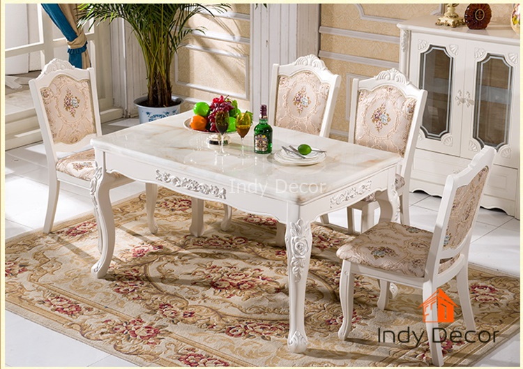 ชุดโต๊ะรับประทานอาหารหินอ่อน +เก้าอี้หลุยส์ไม้แกะลาย 6 ตัว หุ้มผ้าลายดอก สีขาว