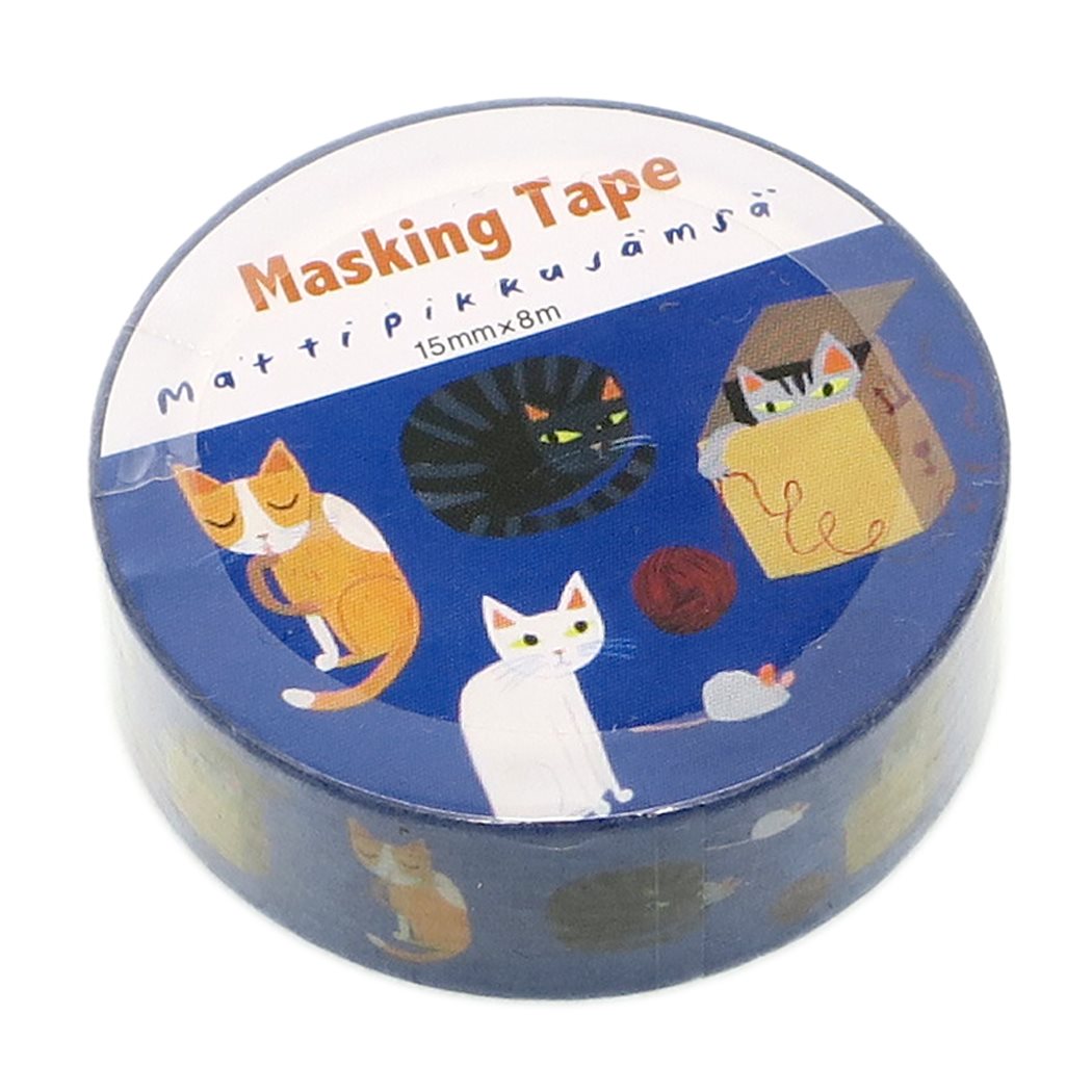 Masking Tape เทปตกแต่ง Matti Pikkujamsa ลายรวมแมวสีน้ำเงิน จากญี่ปุ่น ขนาด 1.5 ซม. ยาว 8 ม.