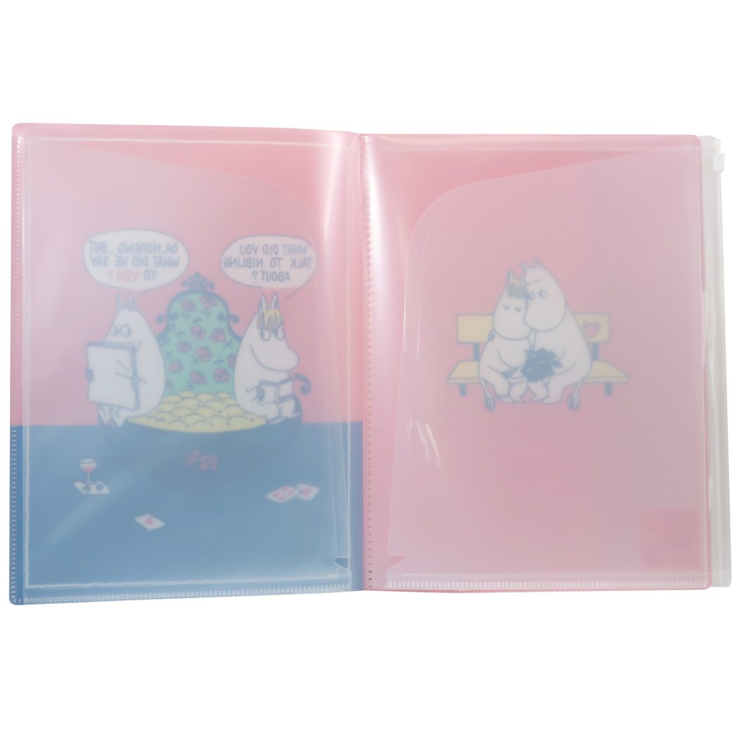 แฟ้ม A4 ลาย Moomin สีชมพูน้ำเงิน แยกใส่เอกสารได้ 6 ช่อง + 1 ช่องซิปด้านหลัง
