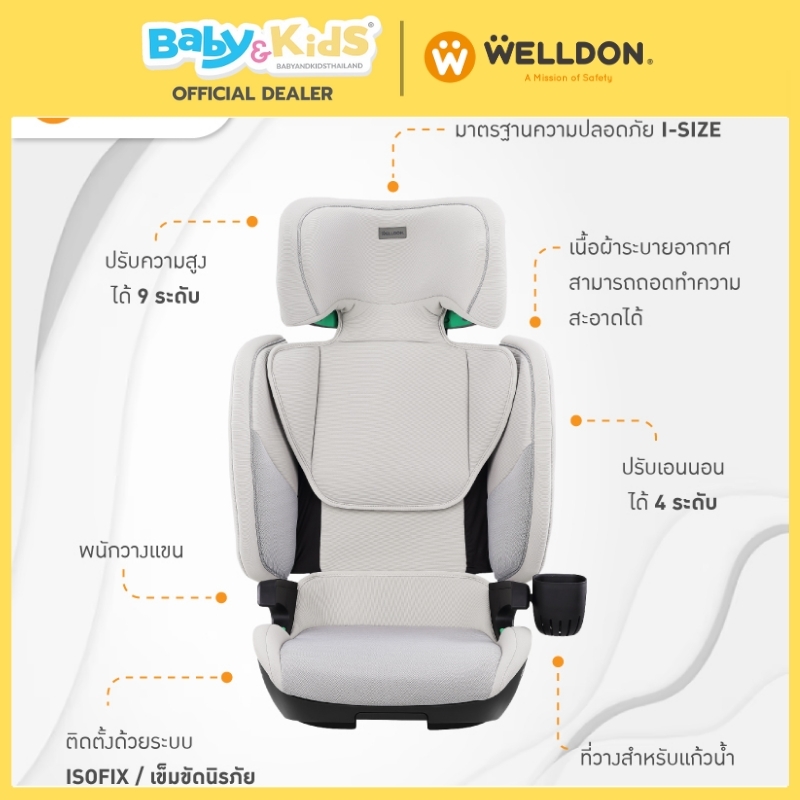 Welldon Booster รุ่นDenfender คาร์ซีท คาร์ซีทเด็ก สำหรับ 3-12 ปี มาตรฐาน i-size ติดตั้งระบบ Isofix สี Bunny Gray