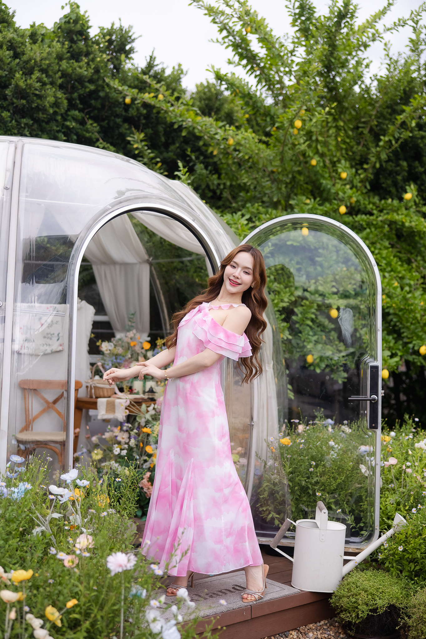 Pink Cloudy Off-Shoulder Maxi Dress ลายเมฆชมพู