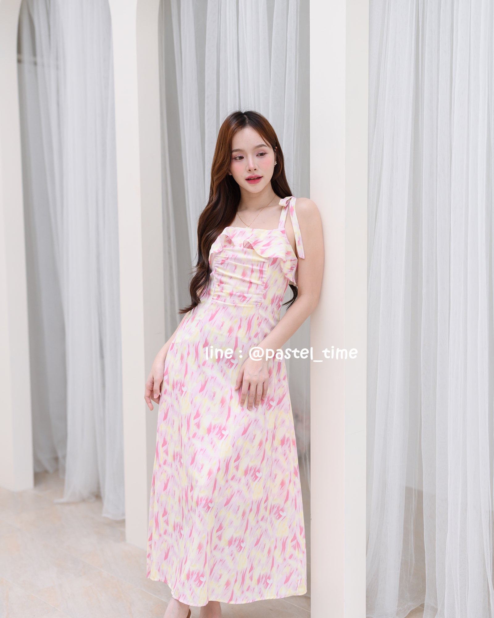 Love in a mist Maxi dress – ลายสีน้ำโทนสีชมพู