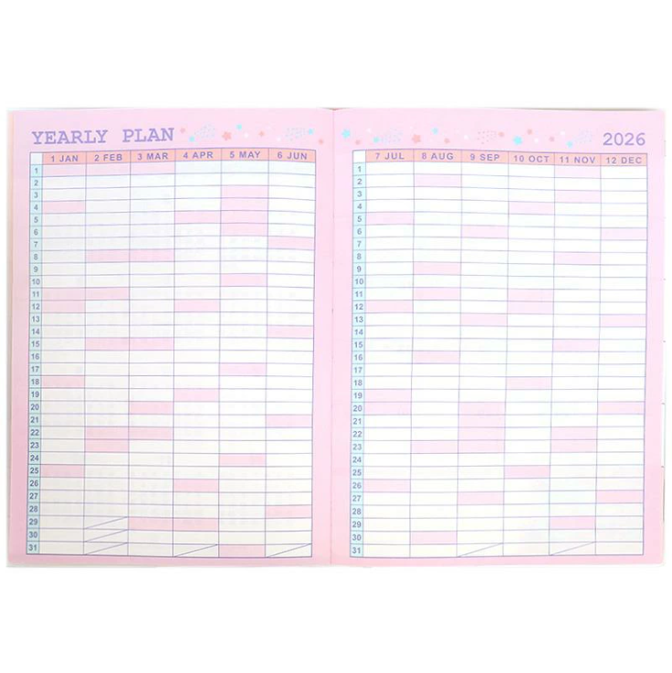 สมุด 2026 Schedule Book เล่มหนา B6 ลาย Little Twin Stars สีม่วงลายพร้อย ขนาด 13.5 x 18.7 x 1.3 ซม. (192 หน้า) มีให้จดตั้งแต่เดือน 10/2025 - 3/2027 เป็นปฎิทินแบบ monthly & weekly แบบช่องยาว มี sticker