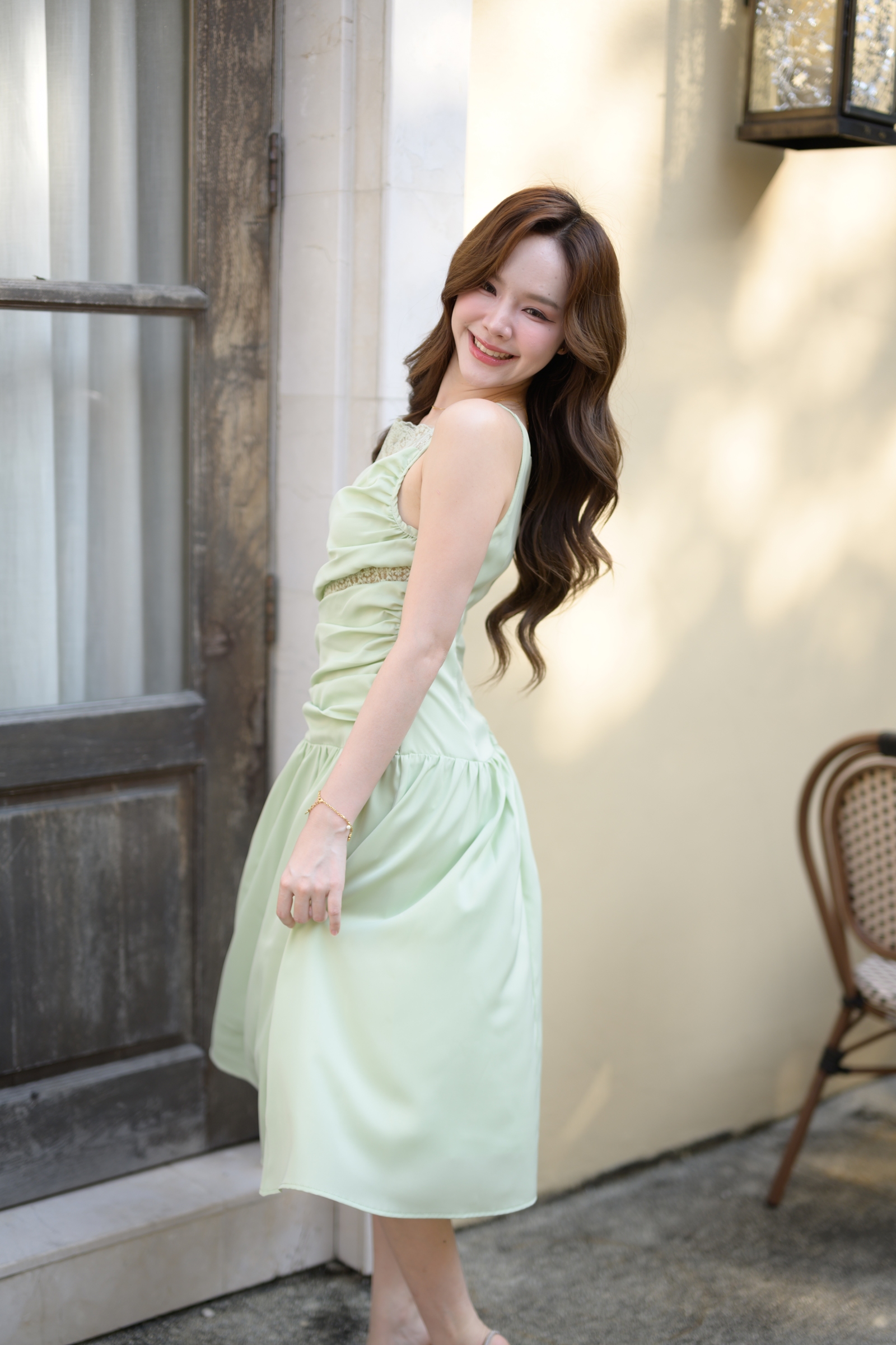Elise Draped Lace Midi Dress : สีเขียว [Made by Pastel Time]