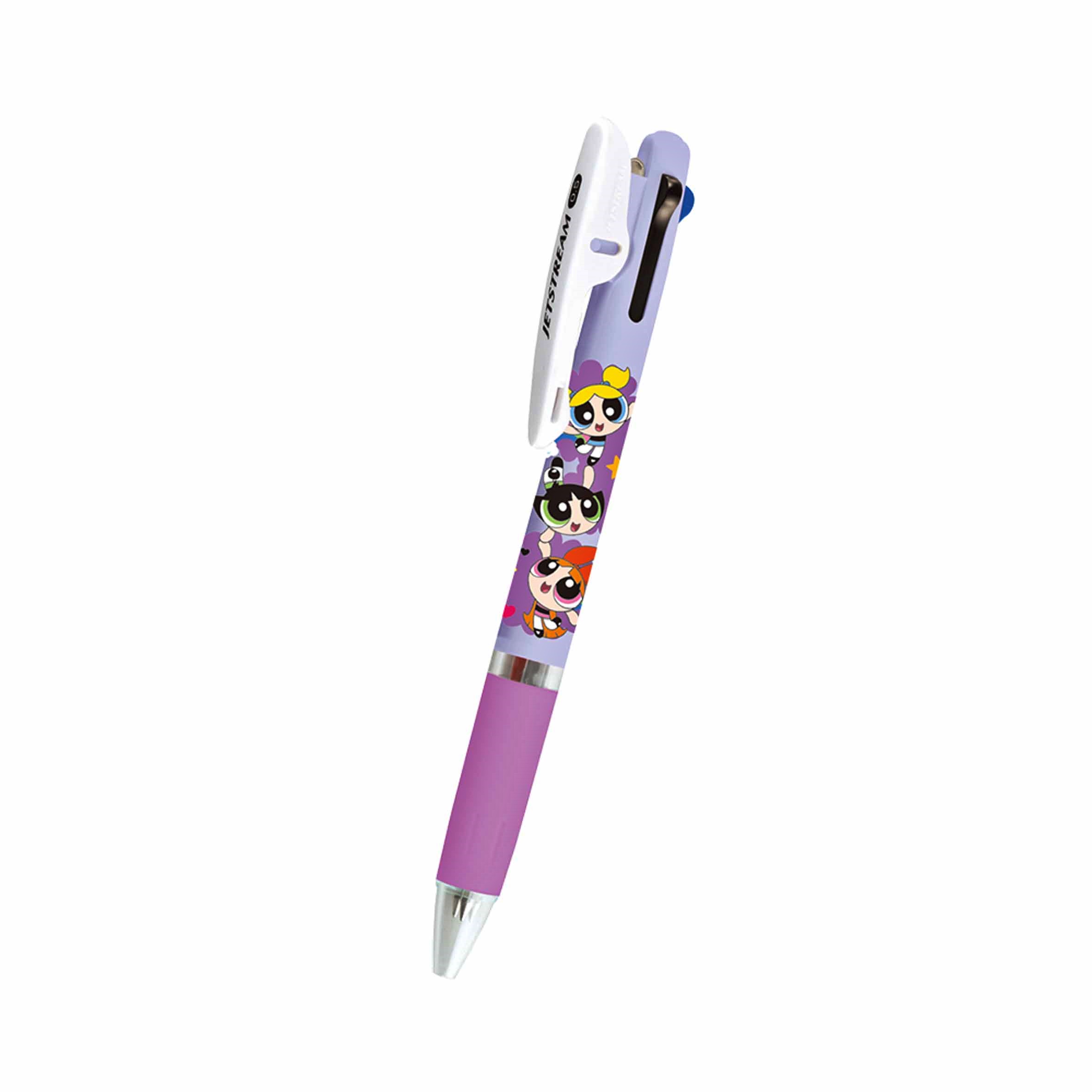 ปากกา Jetstream 0.5 ลาย Powerpuff Girls สีม่วง หมึกมี 3 สี แดง ดำ น้ำเงิน ตรงที่เสียบเป็นแบบคลิป ติดแน่น