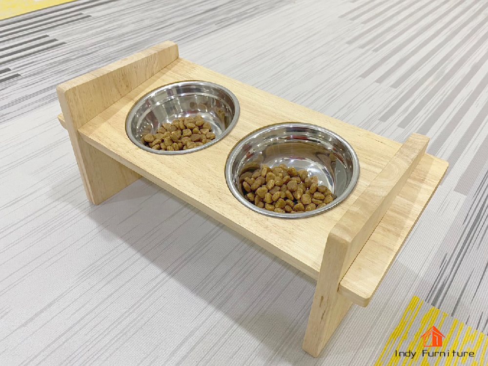 ชุดถ้วยอาหารแมว ไม้ยางพารา รุ่น Cat-01 สีธรรมชาติ