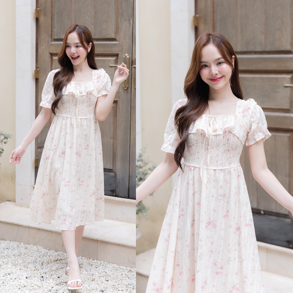 Florence Vintage Dress : ลายดอกไม้สีชมพู