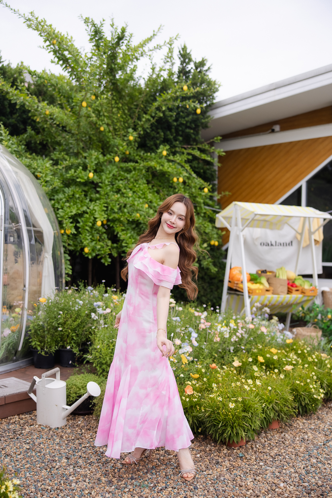 Pink Cloudy Off-Shoulder Maxi Dress ลายเมฆชมพู
