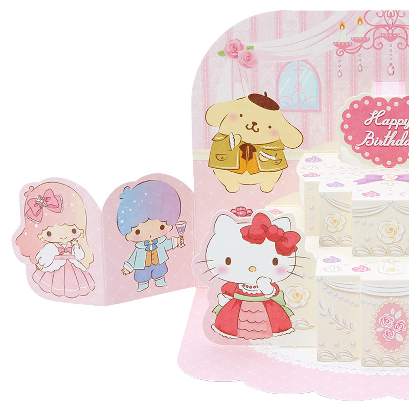 Sanrio Pop Up Birthday Card From Japan การ์ดอวยพรลายเค้กวันเกิดกับเหล่าคาแรกเตอร์ Sanrio เขียนด้านหลังได้ มาพร้อมซอง ขนาด 13.3 x 0.5 x 17.5 ซม.