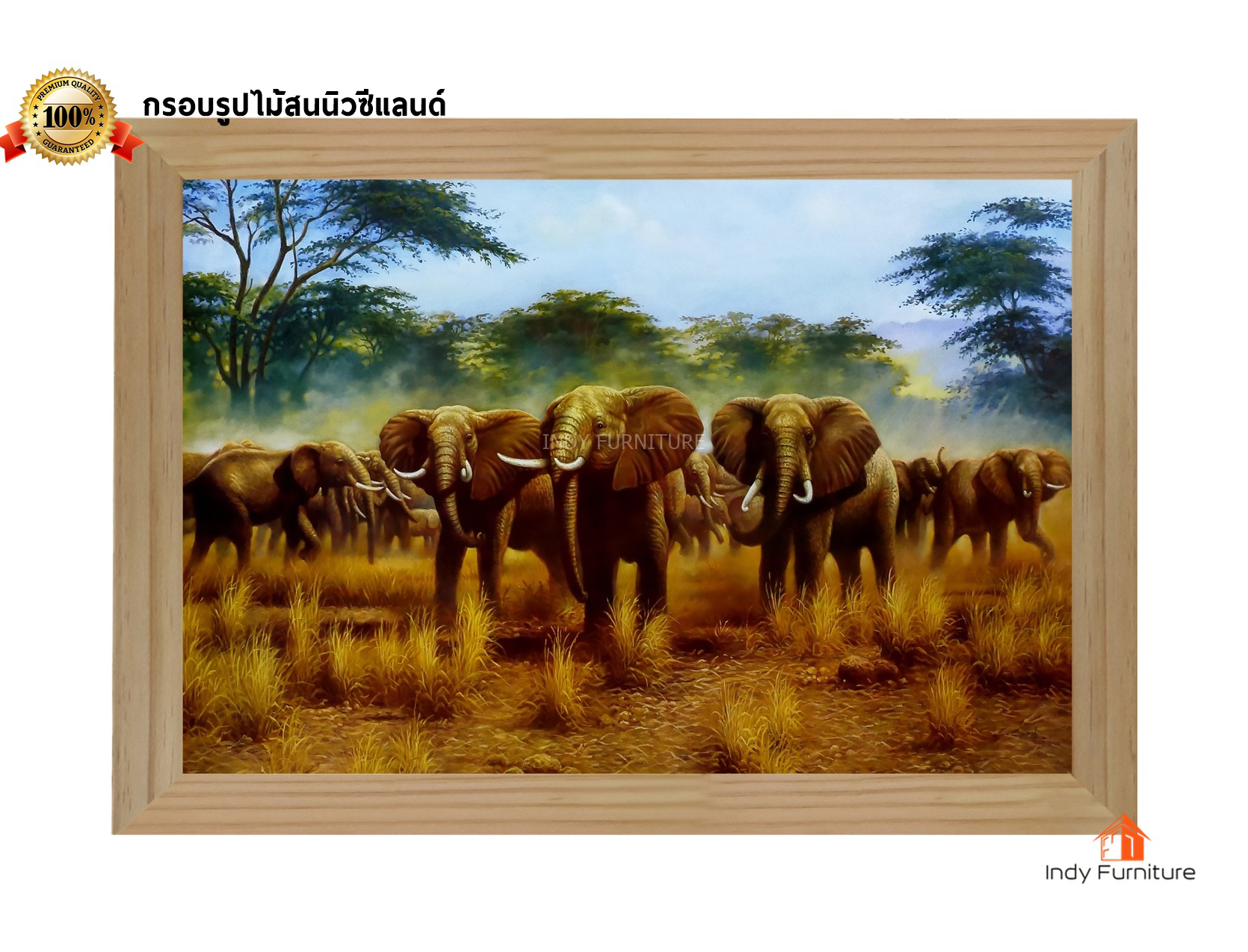กรอบรูปไม้สนนิวซีแลนด์ ภาพวาด โขลงช้างบนทุ่งหญ้า ขนาด 81x56ซม. (678)