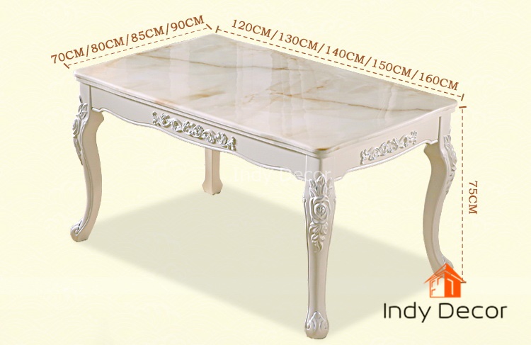 ชุดโต๊ะรับประทานอาหารหินอ่อน +เก้าอี้หลุยส์ไม้แกะลาย 6 ตัว หุ้มผ้าลายดอก สีขาว