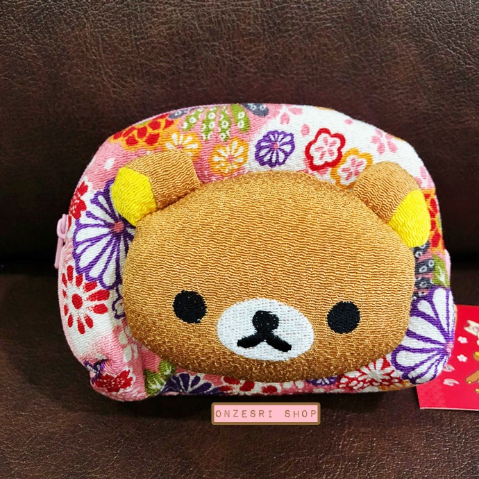 กระเป๋าผ้าญี่ปุ่น Rilakkuma Pouch สีชมพู เป็นแบบมีหน้าน้องหมีแปะ ขนาด 12 x 9 x 3.5 ซม.