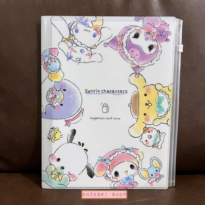 แฟ้ม A4 ลาย Sanrio Baby แบบสีขาวม่วง แยกใส่เอกสารได้ 6 ช่อง + 1 ช่องซิปด้านหลัง