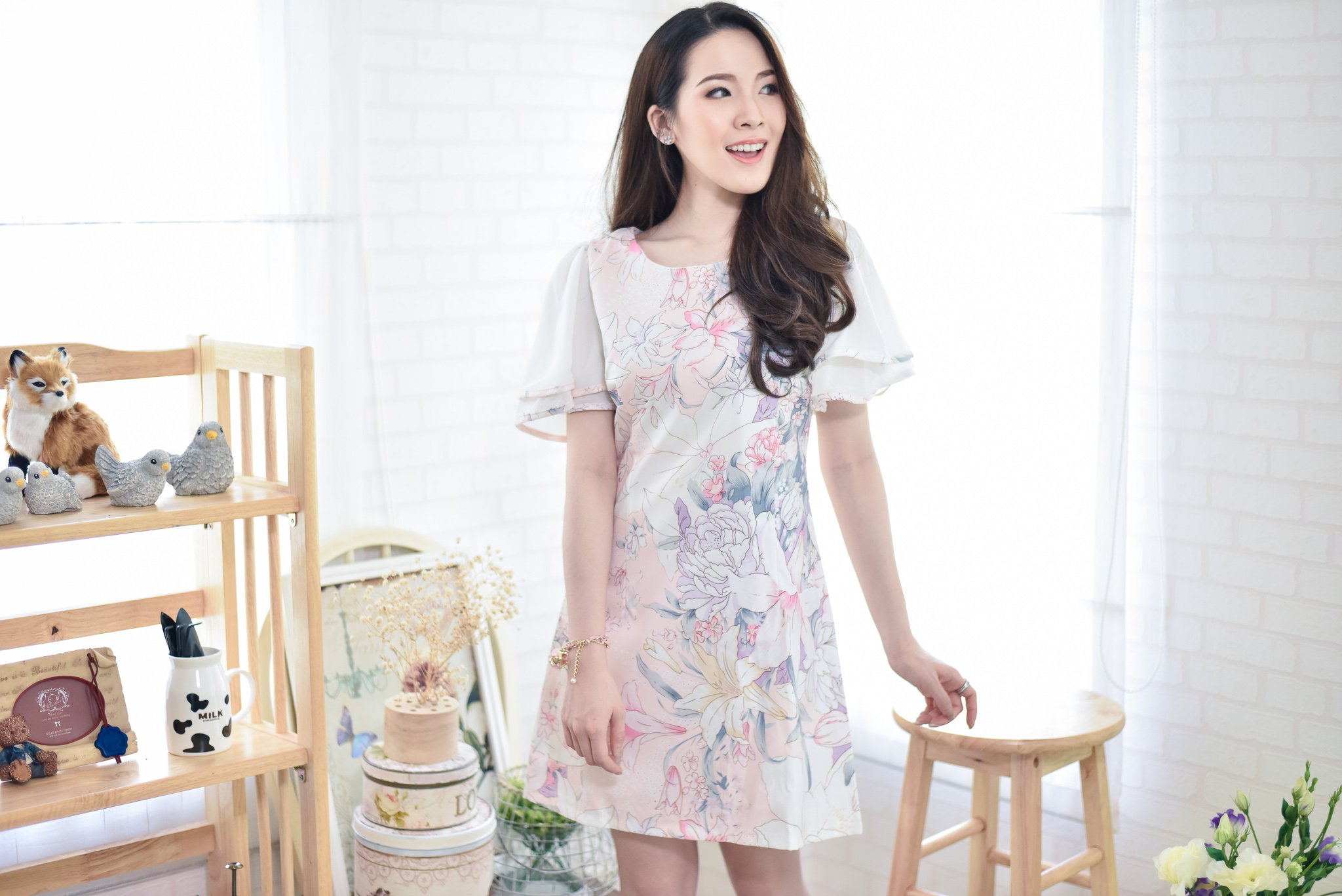 Lady Pink Floral Bell Sleeve Dress : Size L