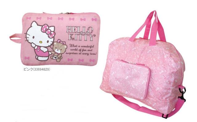 กระเป๋า Hello Kitty Boston Bag สีชมพู ใบใหญ่มาก พับได้ ใช้เป็นกระเป๋าเสื้อผ้าได้ ขนาด 34 x 50 x 24 ซม.