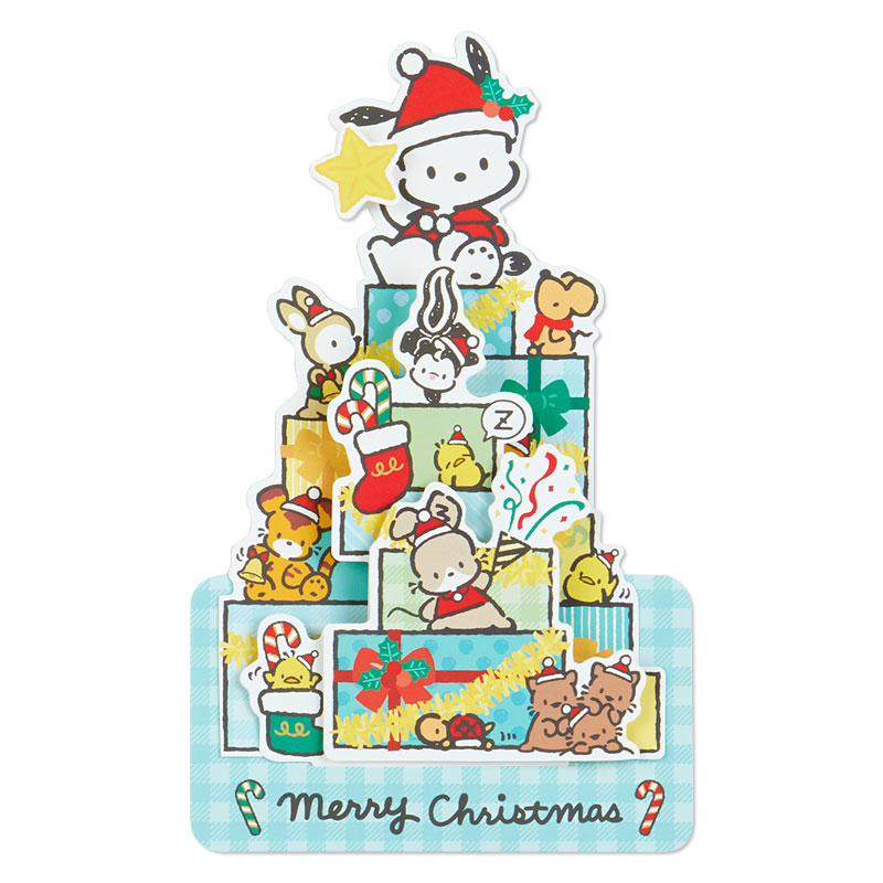 Sanrio Christmas Pop Up Card From Japan การ์ดอวยพรลาย Pochacco กางออกมาเป็นต้นคริสต์มาสได้น่ารัก ขนาด 18.8 x 13 x 7.2 ซม.