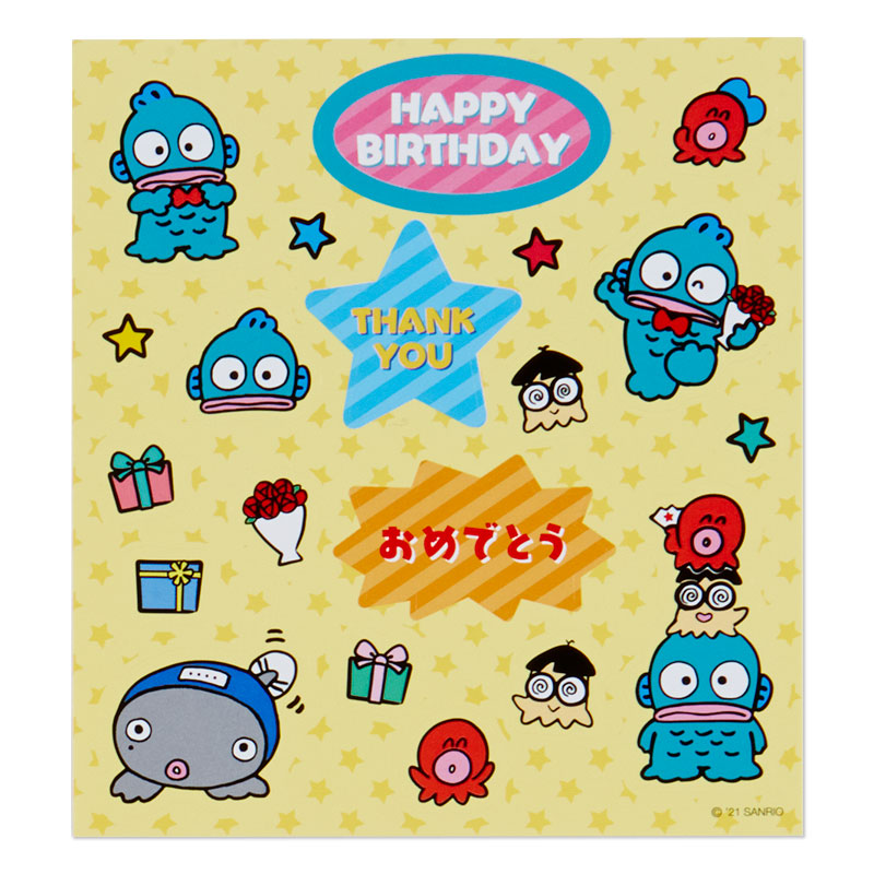 การ์ดเปล่า Sanrio & Seal Card แบบ Hangyodon สามารถเขียนด้านในได้ มีสติกเกอร์น่ารักให้แปะได้ 1 แผ่น มาพร้อมซองลายน่ารักเข้ากัน ขนาดประมาณ 16.2 x 11 ซม.