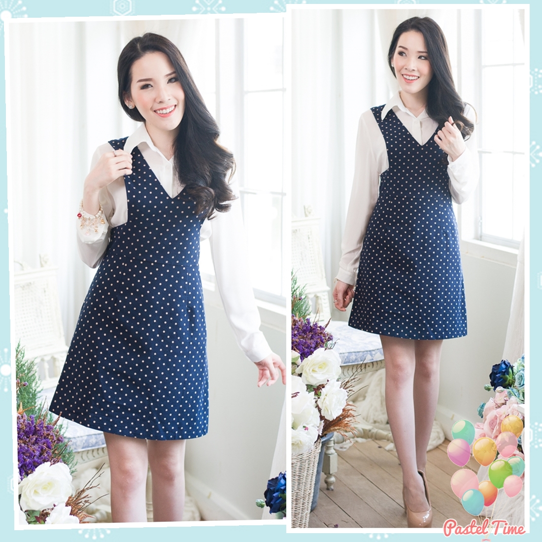 My Polka Dot Top + Jumper Dress Set A : เซทเอี๊ยมกระโปรงลายจุด +เสื้อสีขาว
