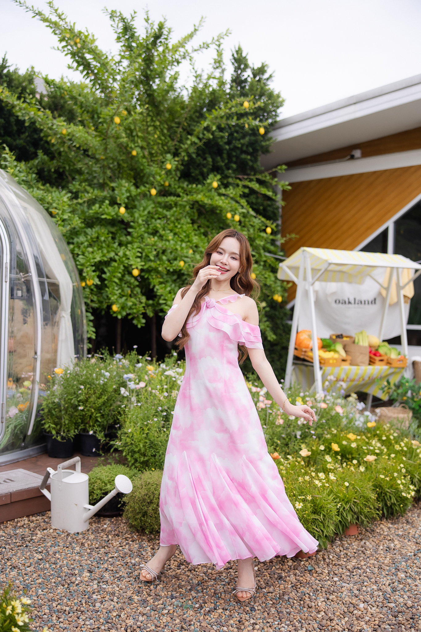 Pink Cloudy Off-Shoulder Maxi Dress ลายเมฆชมพู