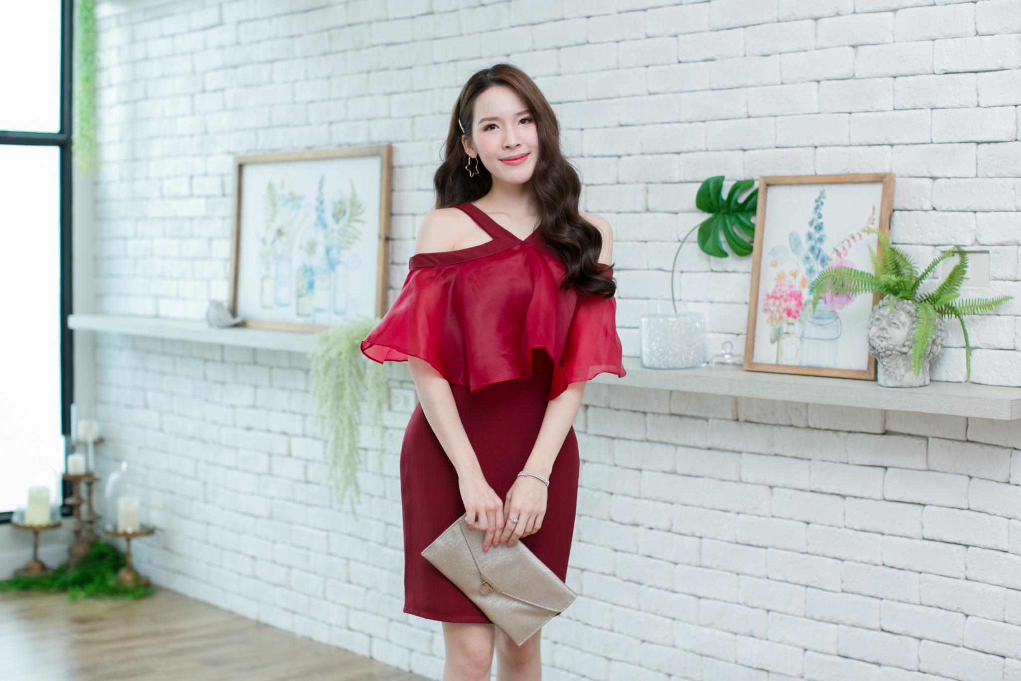 **มีแค่S** Gracia Organza Dress - สีแดงเลือดหมู