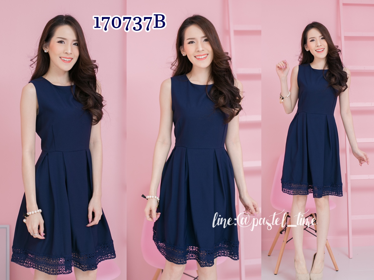 Andrea Lace Trim Dress – Navy สีกรม