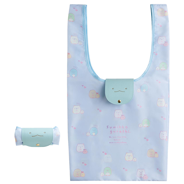 กระเป๋า Eco Bag ลาย Sumikko Gurashi Shopping Bag แบบ Tokage ฟ้า พับได้ พกพาสะดวก ตรงที่เก็บเป็นหนัง ขนาด 60 x 32 ซม.