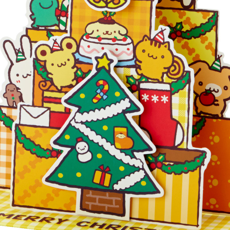 Sanrio Christmas Pop Up Card From Japan การ์ดอวยพรลาย Pompompurin กางออกมาเป็นต้นคริสต์มาสได้น่ารัก ขนาด 18.8 x 13 x 7.2 ซม.