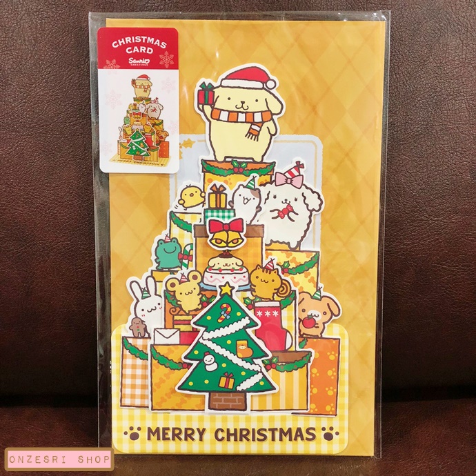 Sanrio Christmas Pop Up Card From Japan การ์ดอวยพรลาย Pompompurin กางออกมาเป็นต้นคริสต์มาสได้น่ารัก ขนาด 18.8 x 13 x 7.2 ซม.