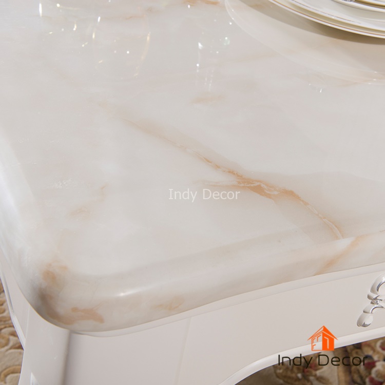 ชุดโต๊ะรับประทานอาหารหินอ่อน +เก้าอี้หลุยส์ไม้แกะลาย 6 ตัว หุ้มผ้าลายดอก สีขาว