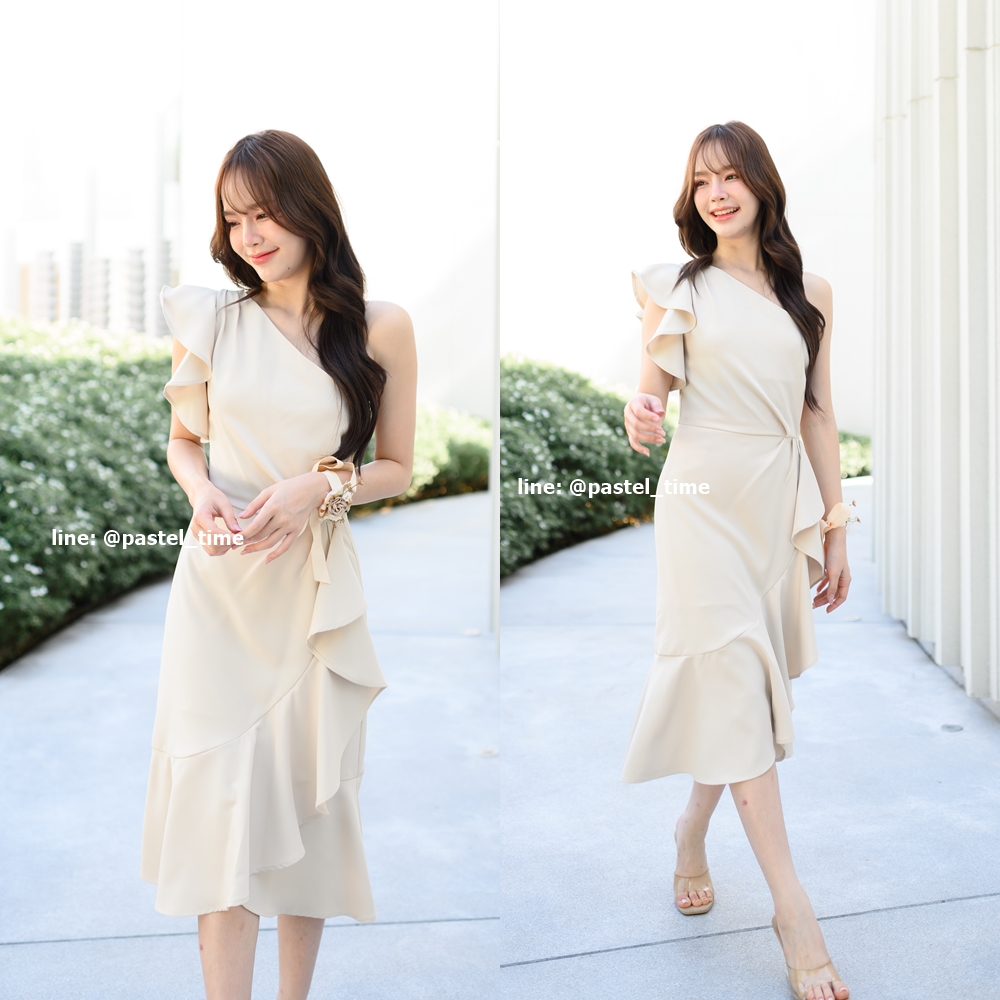 Ashley One - Shoulder Dress – สีครีม [Made by Pastel Time]