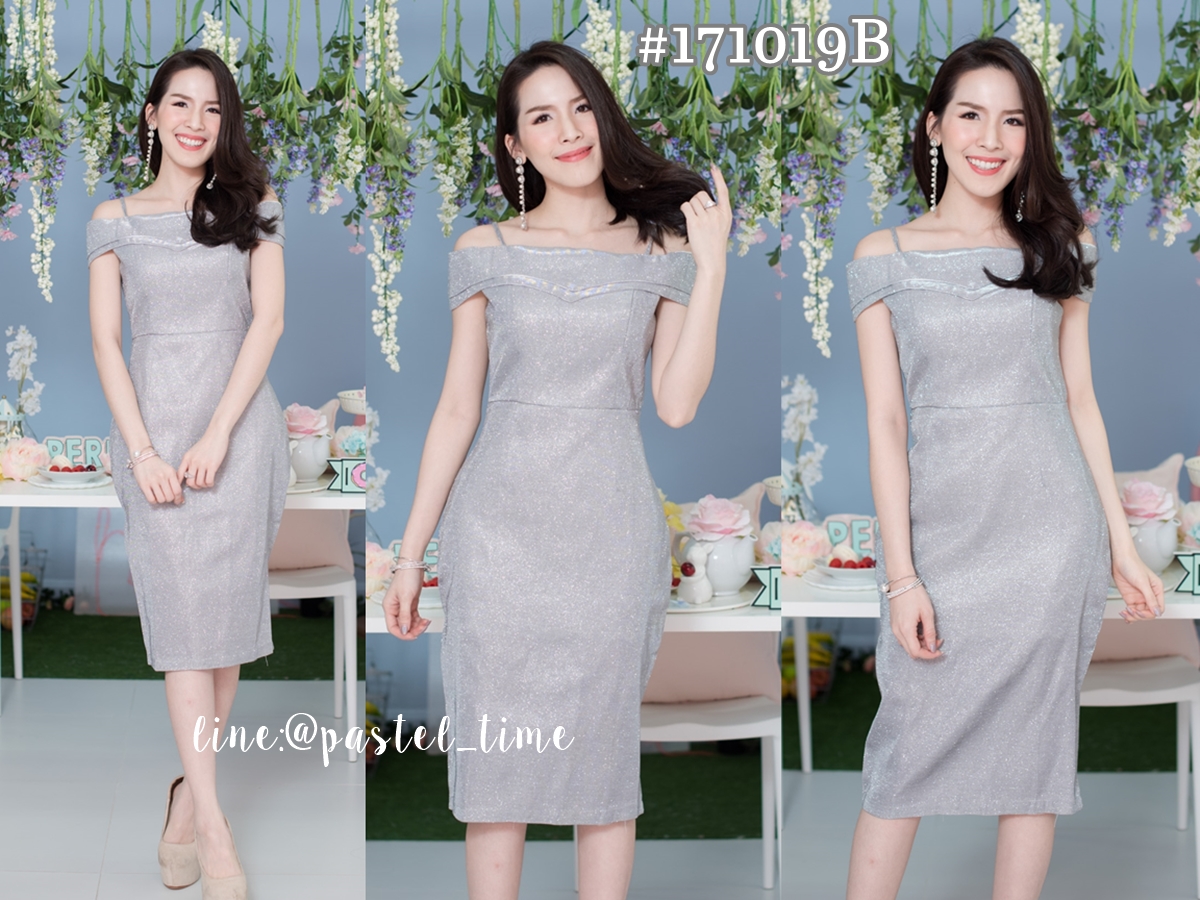 Gracy Glitter Open Shoulder Dress – สีเงินประกายเงิน