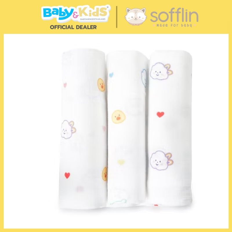 Sofflin ผ้าอ้อมมัสลินใยไผ่ size. L 30"*30" แพ็ค 3 ผืน ลาย Pluffy Fun