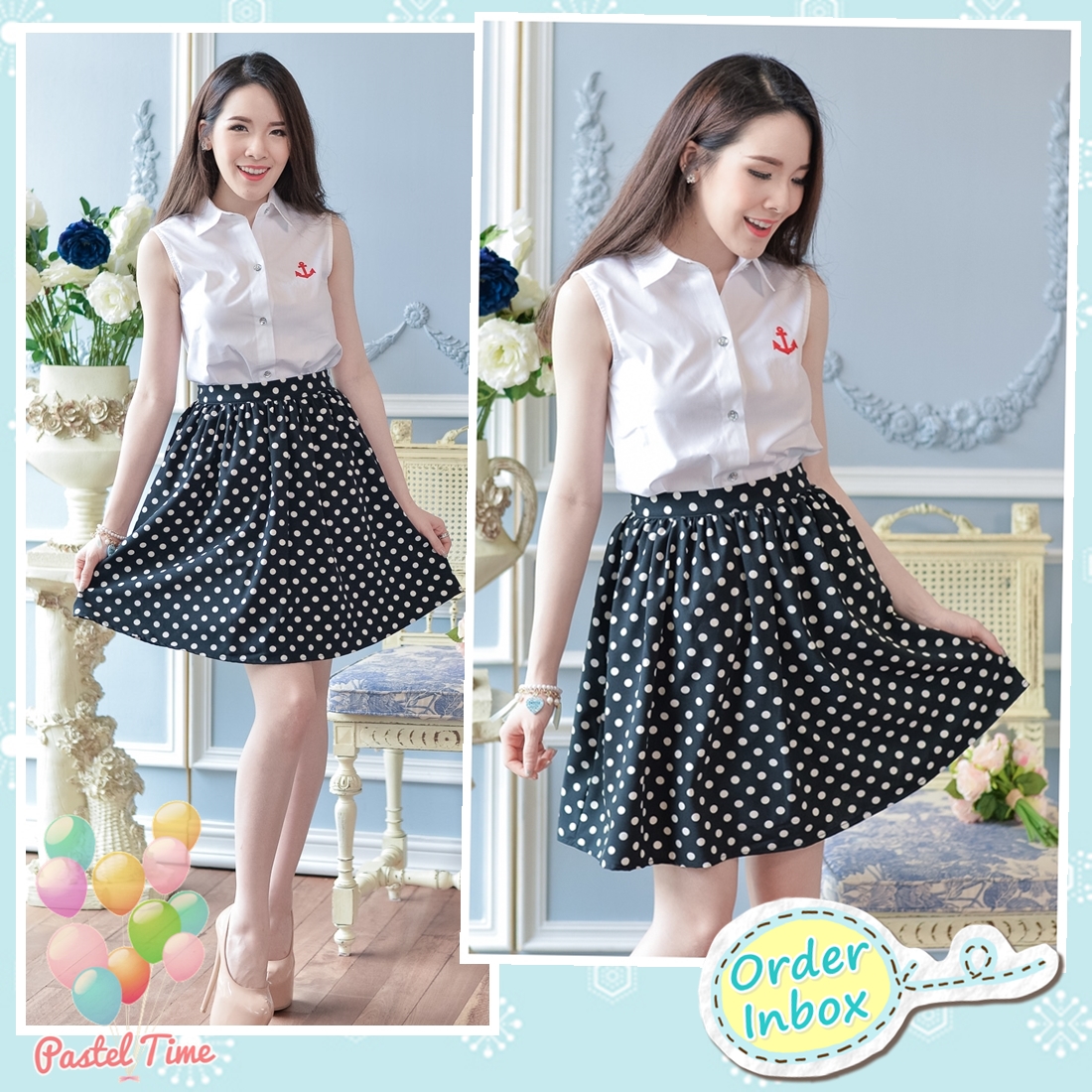 White Anchor Top + Polka Dot Skirt : เซทเสื้อ+กระโปรง Size L