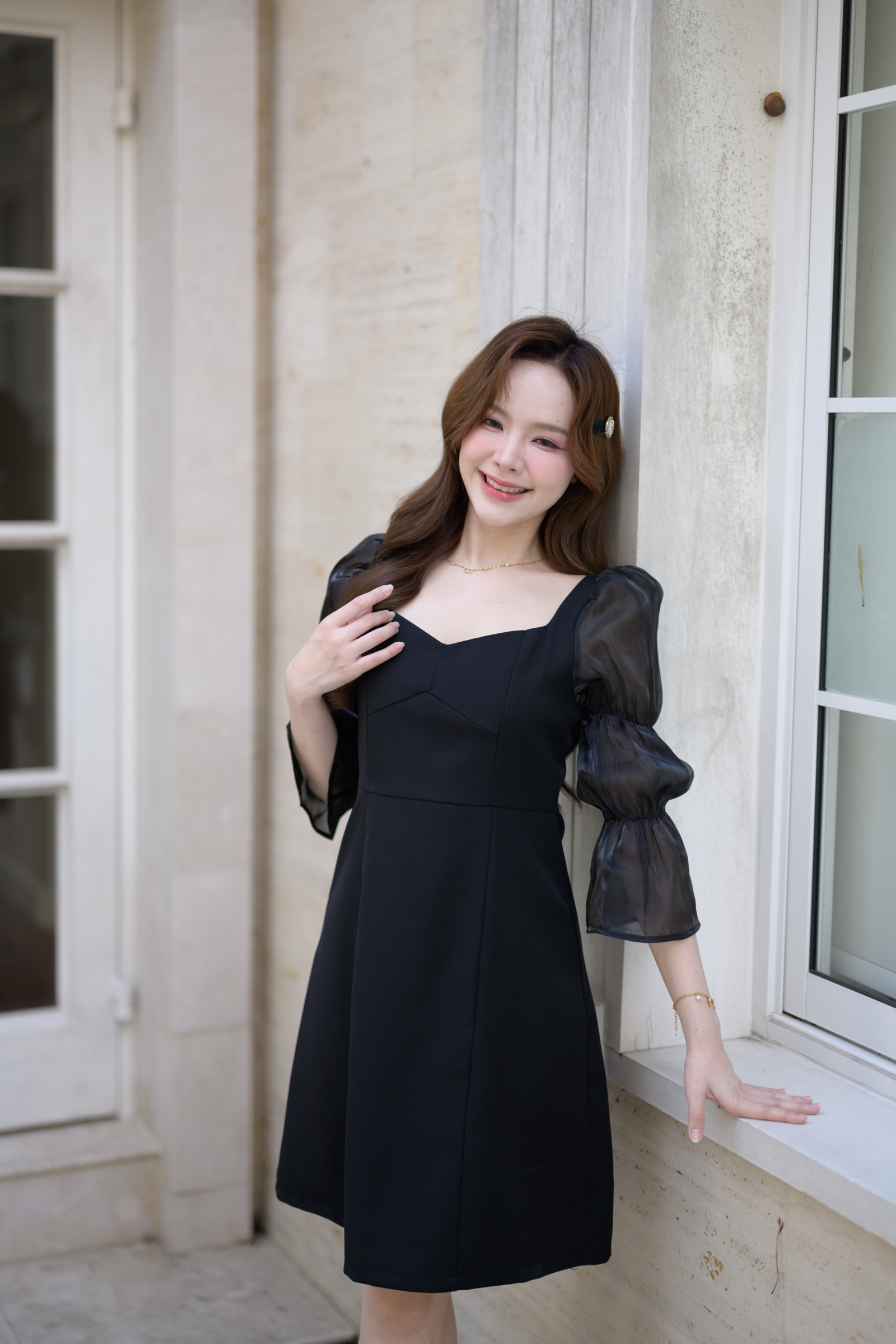 Evie Organza Puff Dress เดรสแขนพัฟ: สีดำ [Made by Pastel Time]