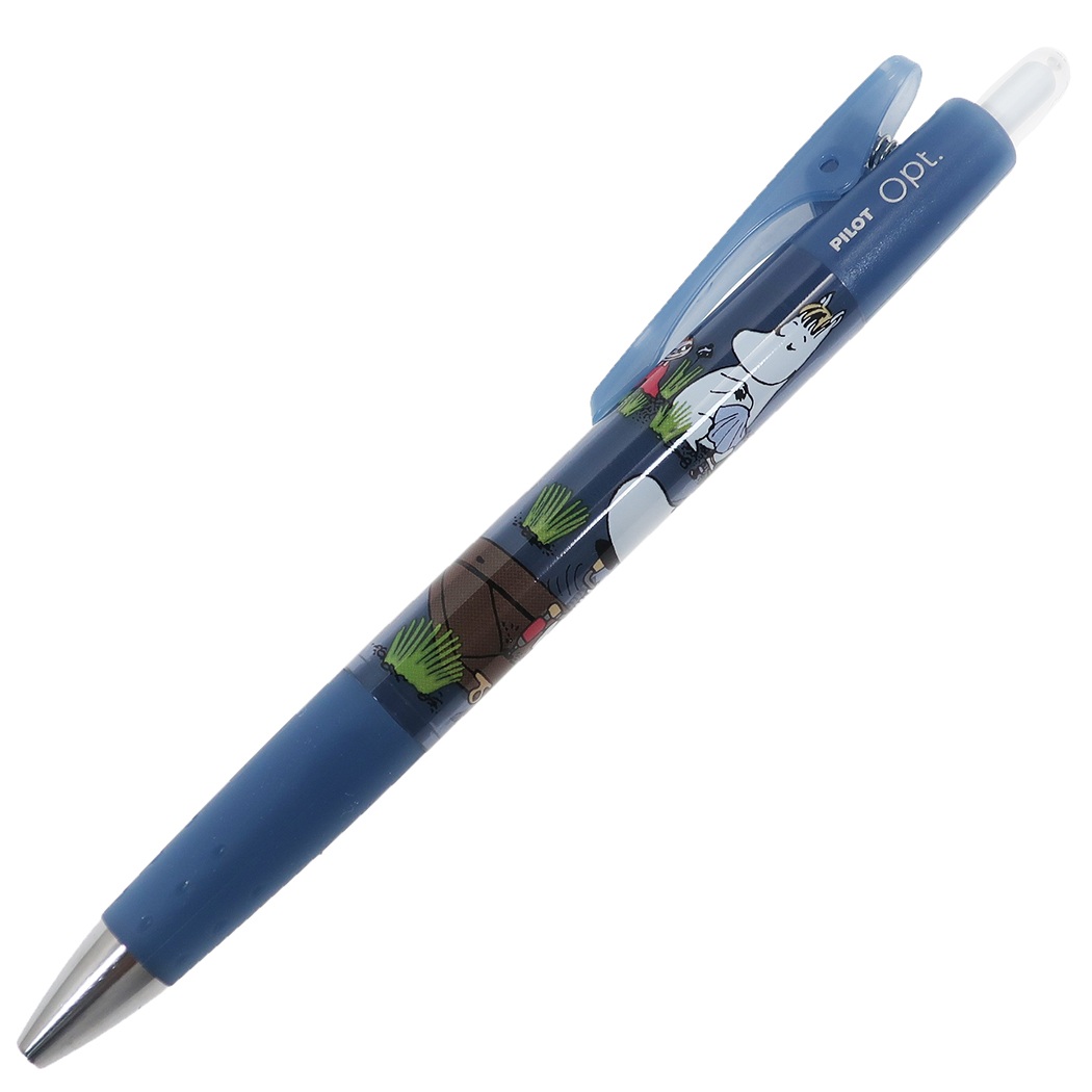 ปากกาหมึกดำ Pilot Opt. ลาย Moomin สีน้ำเงิน ตรงคลิปที่หนีบเป็นแบบกด หนีบได้แน่น ไม่หลุดง่ายค่ะ