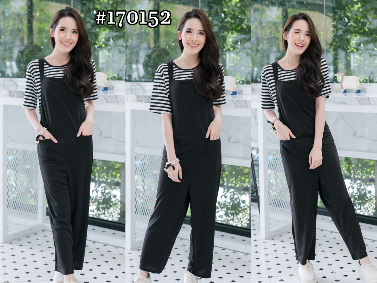 Stripe Tee + Oversized Jumper Set เซทเสื้อ + เอี๊ยมสีดำ
