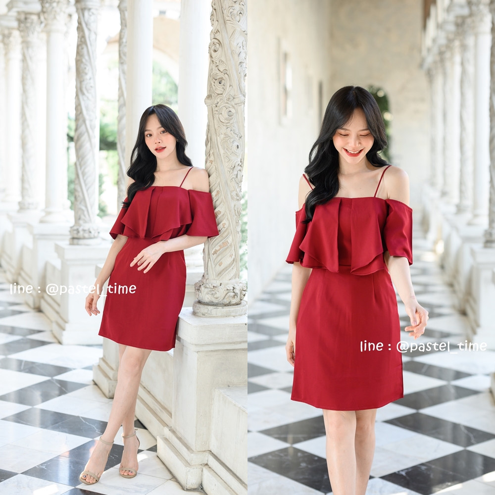 Grace Open Shoulder Dress : สีแดงไวน์ [Made by Pastel Time]