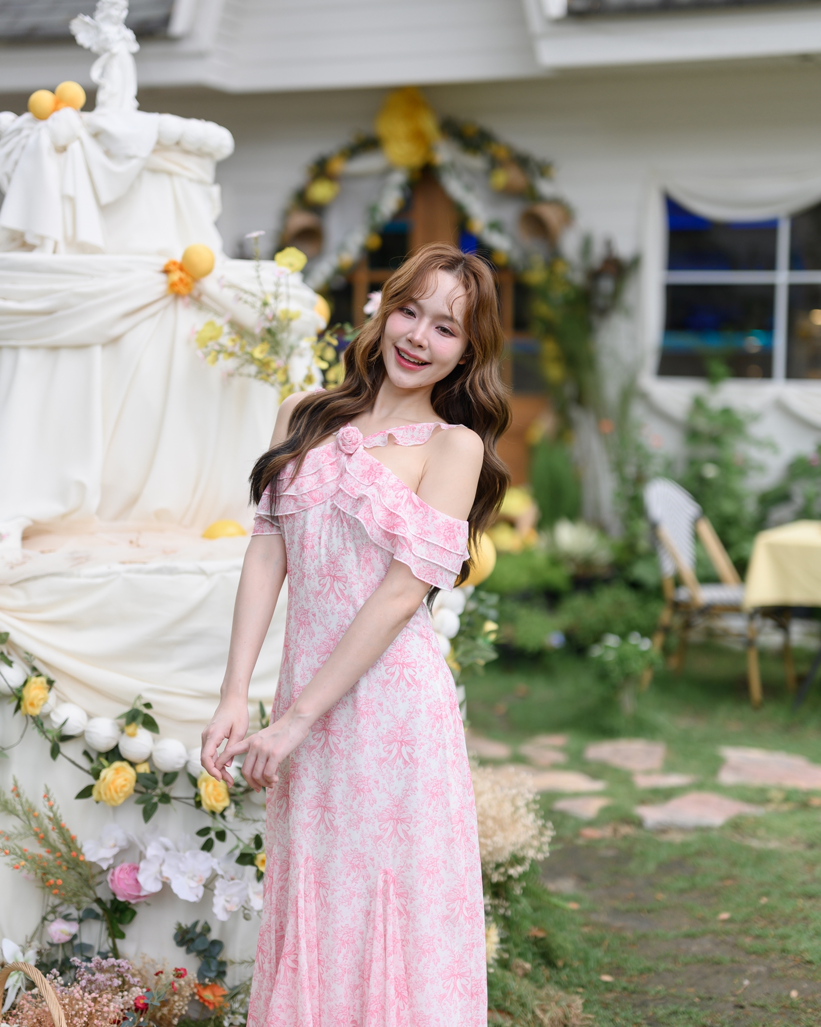 Pink Toile Bow Off-Shoulder Maxi Dress