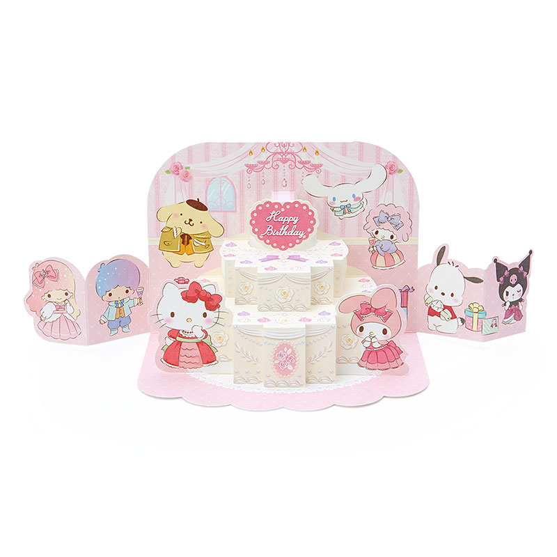 Sanrio Pop Up Birthday Card From Japan การ์ดอวยพรลายเค้กวันเกิดกับเหล่าคาแรกเตอร์ Sanrio เขียนด้านหลังได้ มาพร้อมซอง ขนาด 13.3 x 0.5 x 17.5 ซม.