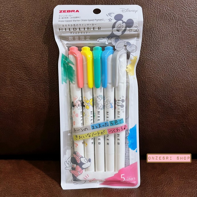 ปากกาไฮไลต์ Zebra Mildliner 5 Colors Set ลาย Disney มี 5 สีในเซ็ต ตรงด้ามเป็นลายน่ารัก สี Mild Coral Pink, Mild Lemon Yellow, Mild Grey, Mild Summer Green, Mild Jean